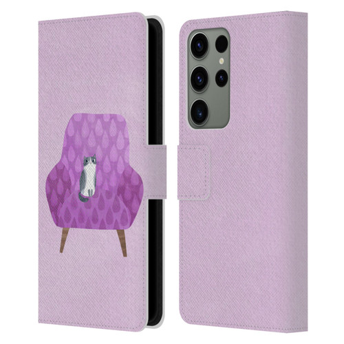 Planet Cat Arm Chair Lilac Chair Cat Leather Book Wallet Case Cover For Samsung Galaxy S23 Ultra 5G
