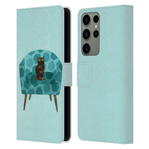 Planet Cat Arm Chair Teal Chair Cat Leather Book Wallet Case Cover For Samsung Galaxy S23 Ultra 5G