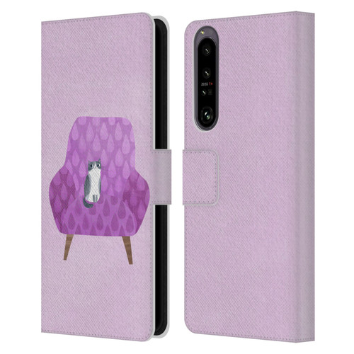 Planet Cat Arm Chair Lilac Chair Cat Leather Book Wallet Case Cover For Sony Xperia 1 IV
