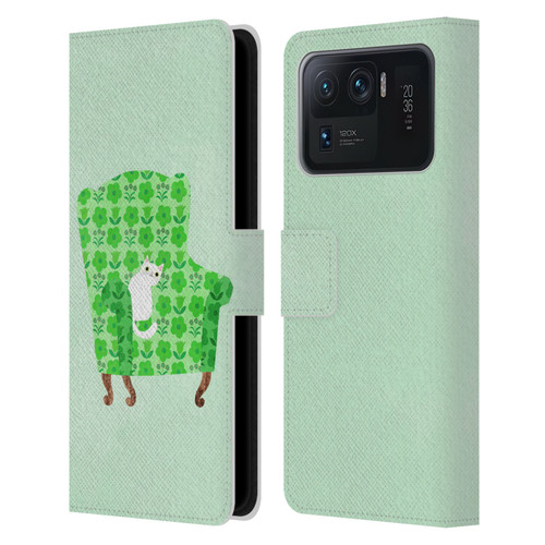 Planet Cat Arm Chair Spring Green Chair Cat Leather Book Wallet Case Cover For Xiaomi Mi 11 Ultra