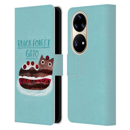 Planet Cat Puns Black Forest Gato Leather Book Wallet Case Cover For Huawei P50 Pro