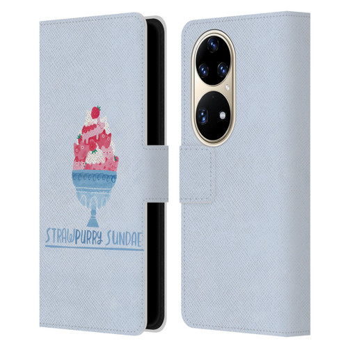 Planet Cat Puns Strawpurry Sundae Leather Book Wallet Case Cover For Huawei P50 Pro