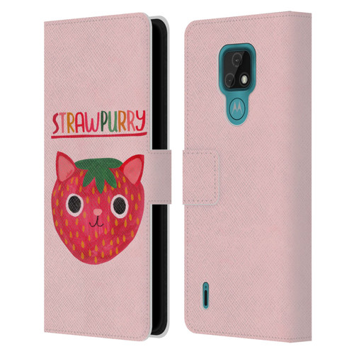 Planet Cat Puns Strawpurry Leather Book Wallet Case Cover For Motorola Moto E7