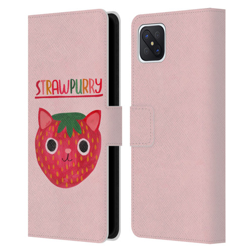 Planet Cat Puns Strawpurry Leather Book Wallet Case Cover For OPPO Reno4 Z 5G