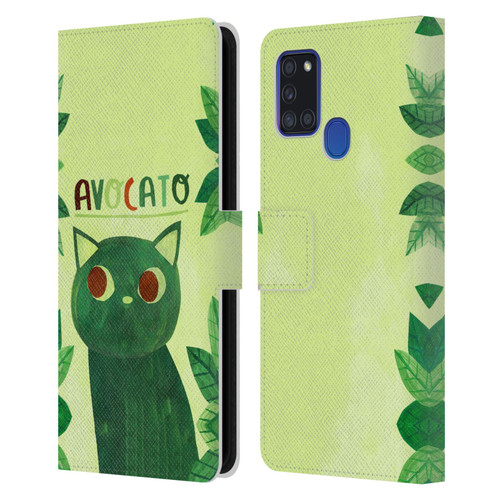 Planet Cat Puns Avocato Leather Book Wallet Case Cover For Samsung Galaxy A21s (2020)