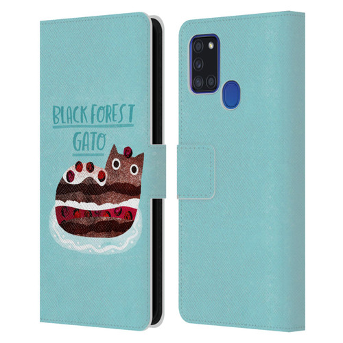Planet Cat Puns Black Forest Gato Leather Book Wallet Case Cover For Samsung Galaxy A21s (2020)