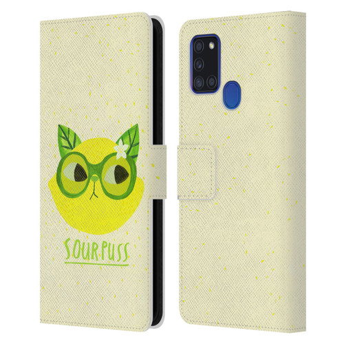 Planet Cat Puns Sour Puss Leather Book Wallet Case Cover For Samsung Galaxy A21s (2020)