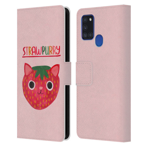 Planet Cat Puns Strawpurry Leather Book Wallet Case Cover For Samsung Galaxy A21s (2020)