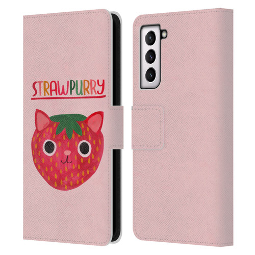 Planet Cat Puns Strawpurry Leather Book Wallet Case Cover For Samsung Galaxy S21 5G