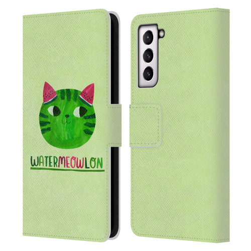 Planet Cat Puns Watermeowlon Leather Book Wallet Case Cover For Samsung Galaxy S21 5G