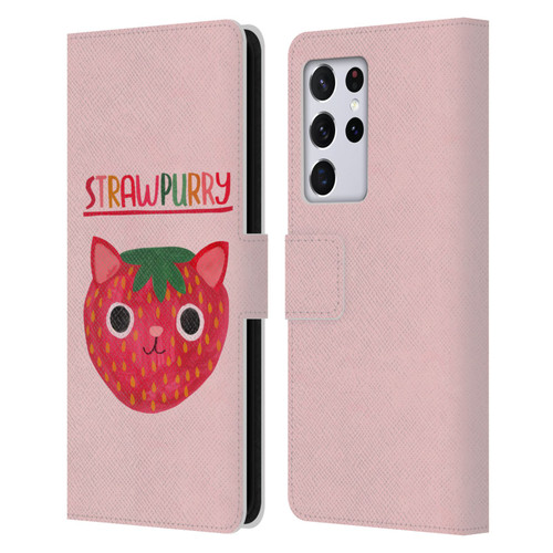 Planet Cat Puns Strawpurry Leather Book Wallet Case Cover For Samsung Galaxy S21 Ultra 5G