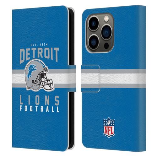 NFL Detroit Lions Graphics Helmet Typography Leather Book Wallet Case Cover For Apple iPhone 14 Pro