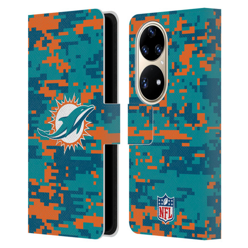NFL Miami Dolphins Graphics Digital Camouflage Leather Book Wallet Case Cover For Huawei P50 Pro