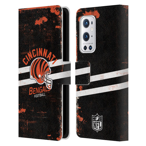 NFL Cincinnati Bengals Logo Art Helmet Distressed Leather Book Wallet Case Cover For OnePlus 9 Pro