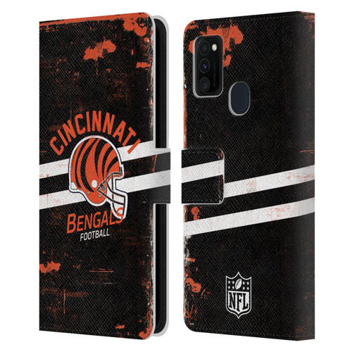 NFL Cincinnati Bengals Logo Art Helmet Distressed Leather Book Wallet Case Cover For Samsung Galaxy M30s (2019)/M21 (2020)