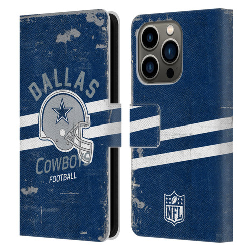 NFL Dallas Cowboys Logo Art Helmet Distressed Leather Book Wallet Case Cover For Apple iPhone 14 Pro