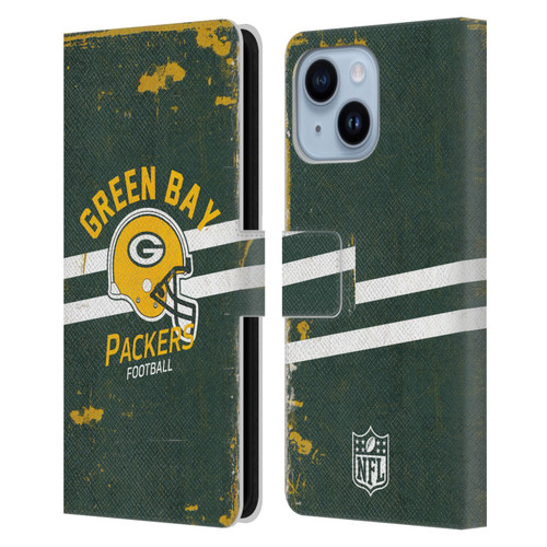 NFL Green Bay Packers Logo Art Helmet Distressed Leather Book Wallet Case Cover For Apple iPhone 14 Plus