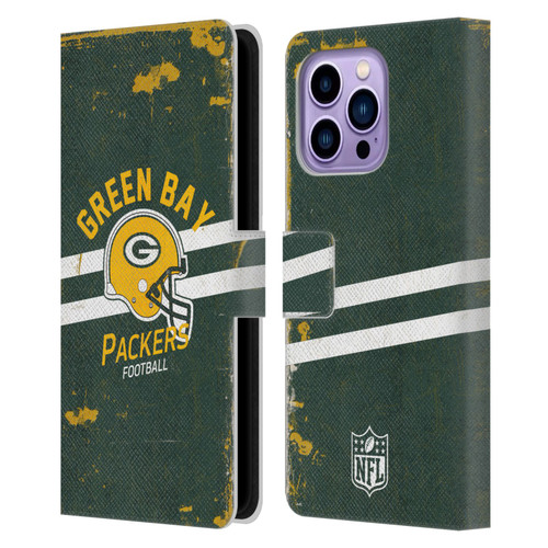 NFL Green Bay Packers Logo Art Helmet Distressed Leather Book Wallet Case Cover For Apple iPhone 14 Pro Max