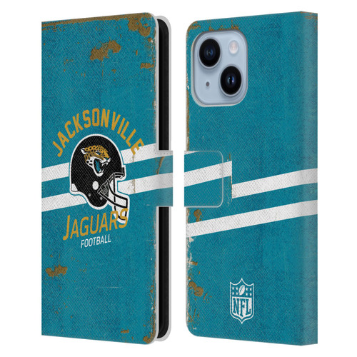 NFL Jacksonville Jaguars Logo Art Helmet Distressed Leather Book Wallet Case Cover For Apple iPhone 14 Plus