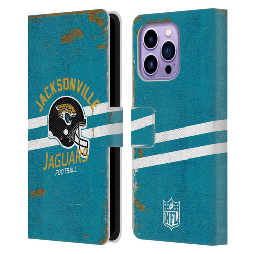 NFL Jacksonville Jaguars Logo Art Helmet Distressed Leather Book Wallet Case Cover For Apple iPhone 14 Pro Max