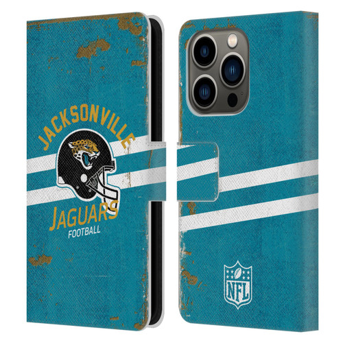 NFL Jacksonville Jaguars Logo Art Helmet Distressed Leather Book Wallet Case Cover For Apple iPhone 14 Pro
