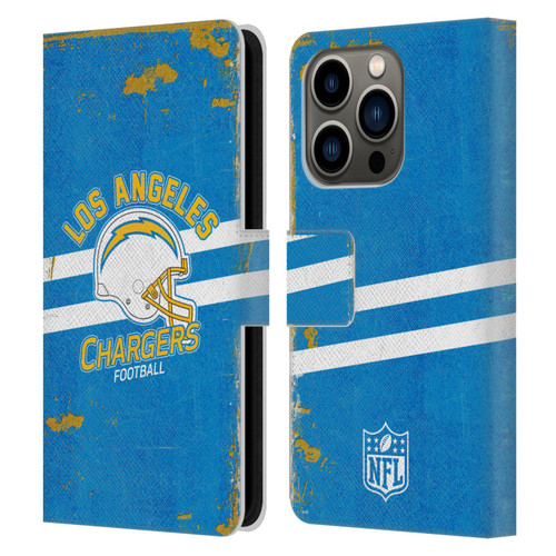 NFL Los Angeles Chargers Logo Art Helmet Distressed Leather Book Wallet Case Cover For Apple iPhone 14 Pro
