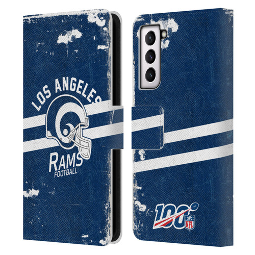 NFL Los Angeles Rams Logo Art Helmet Distressed Look 100th Leather Book Wallet Case Cover For Samsung Galaxy S21 5G