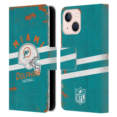 NFL Miami Dolphins Logo Art Helmet Distressed Leather Book Wallet Case Cover For Apple iPhone 13 Mini