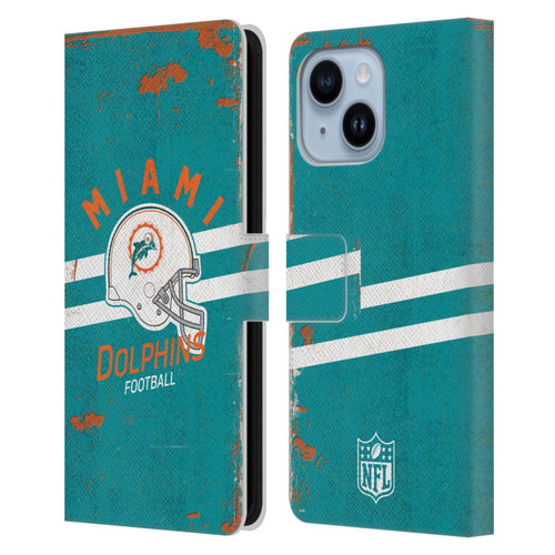 NFL Miami Dolphins Logo Art Helmet Distressed Leather Book Wallet Case Cover For Apple iPhone 14 Plus