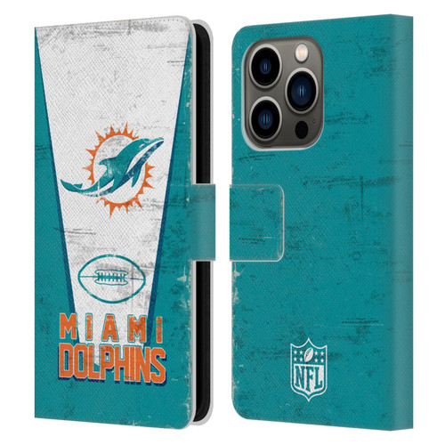 NFL Miami Dolphins Logo Art Banner Leather Book Wallet Case Cover For Apple iPhone 14 Pro