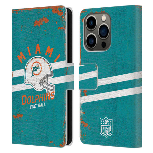 NFL Miami Dolphins Logo Art Helmet Distressed Leather Book Wallet Case Cover For Apple iPhone 14 Pro