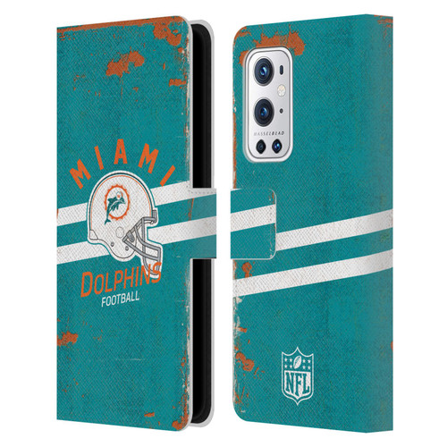 NFL Miami Dolphins Logo Art Helmet Distressed Leather Book Wallet Case Cover For OnePlus 9 Pro
