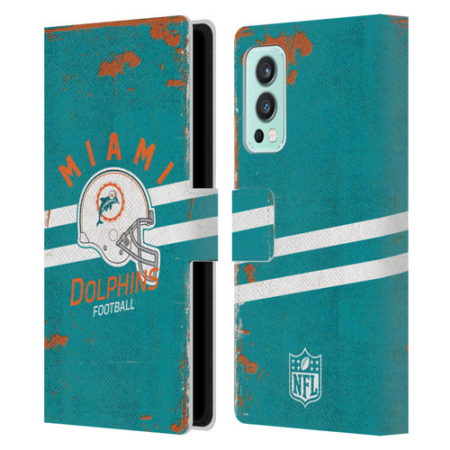 NFL Miami Dolphins Logo Art Helmet Distressed Leather Book Wallet Case Cover For OnePlus Nord 2 5G