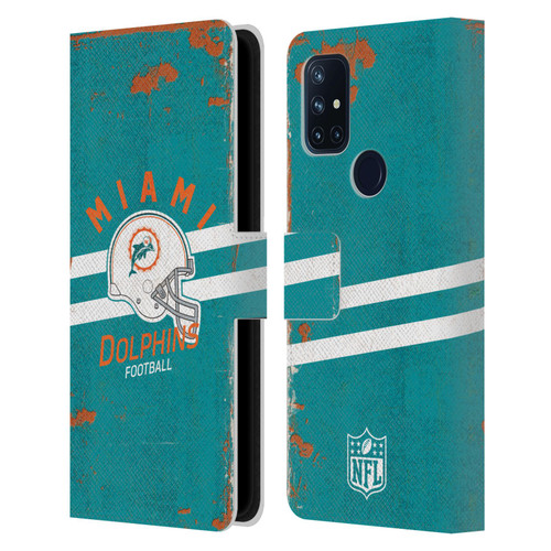 NFL Miami Dolphins Logo Art Helmet Distressed Leather Book Wallet Case Cover For OnePlus Nord N10 5G