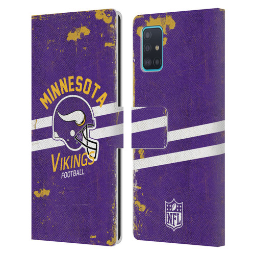 NFL Minnesota Vikings Logo Art Helmet Distressed Leather Book Wallet Case Cover For Samsung Galaxy A51 (2019)