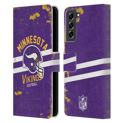 NFL Minnesota Vikings Logo Art Helmet Distressed Leather Book Wallet Case Cover For Samsung Galaxy S21 FE 5G