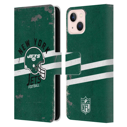 NFL New York Jets Logo Art Helmet Distressed Leather Book Wallet Case Cover For Apple iPhone 13