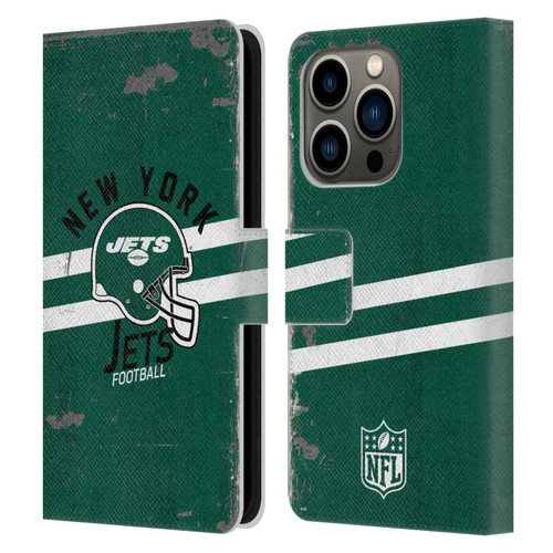 NFL New York Jets Logo Art Helmet Distressed Leather Book Wallet Case Cover For Apple iPhone 14 Pro