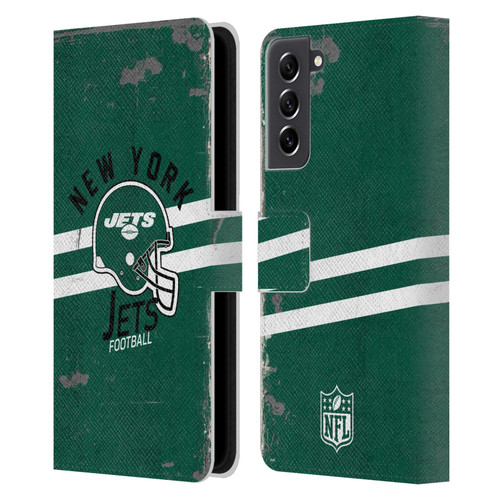NFL New York Jets Logo Art Helmet Distressed Leather Book Wallet Case Cover For Samsung Galaxy S21 FE 5G