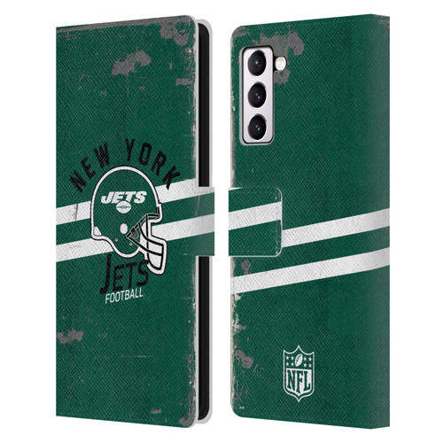 NFL New York Jets Logo Art Helmet Distressed Leather Book Wallet Case Cover For Samsung Galaxy S21+ 5G