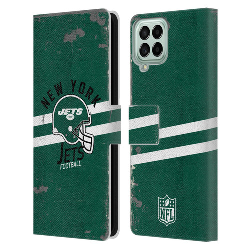 NFL New York Jets Logo Art Helmet Distressed Leather Book Wallet Case Cover For Samsung Galaxy M33 (2022)