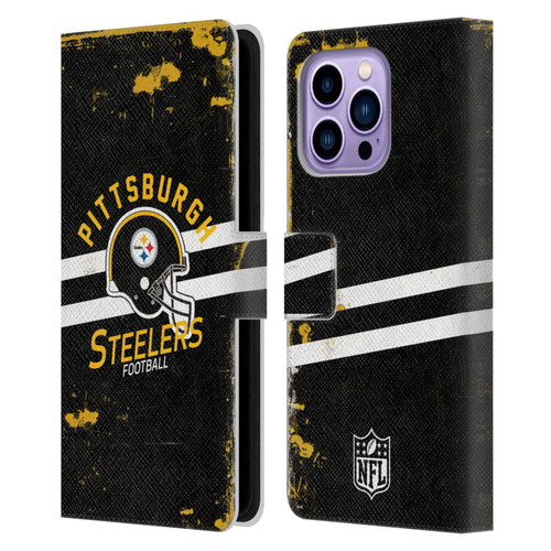 NFL Pittsburgh Steelers Logo Art Helmet Distressed Leather Book Wallet Case Cover For Apple iPhone 14 Pro Max