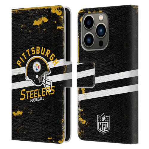 NFL Pittsburgh Steelers Logo Art Helmet Distressed Leather Book Wallet Case Cover For Apple iPhone 14 Pro