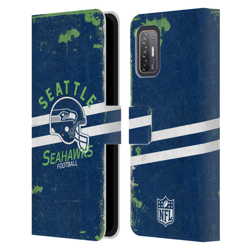 NFL Seattle Seahawks Logo Art Helmet Distressed Leather Book Wallet Case Cover For HTC Desire 21 Pro 5G