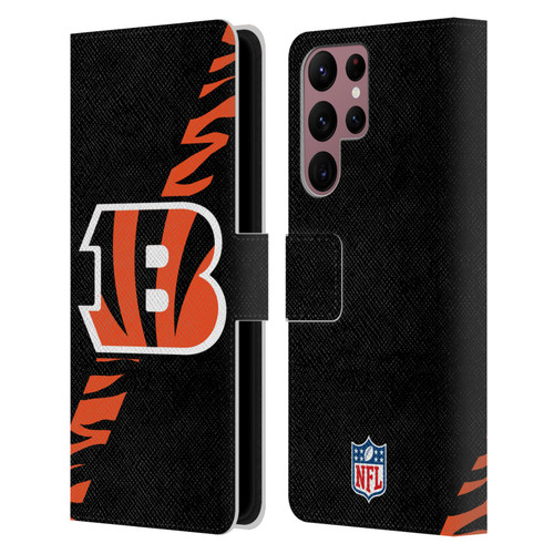 NFL Cincinnati Bengals Logo Stripes Leather Book Wallet Case Cover For Samsung Galaxy S22 Ultra 5G