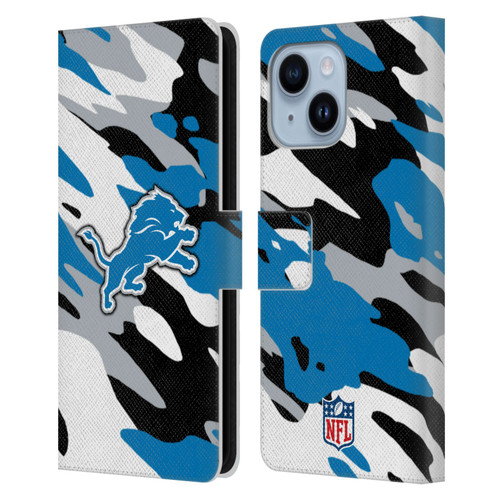 NFL Detroit Lions Logo Camou Leather Book Wallet Case Cover For Apple iPhone 14 Plus