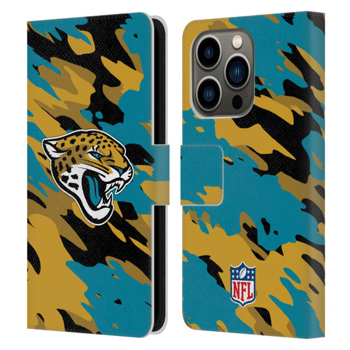 NFL Jacksonville Jaguars Logo Camou Leather Book Wallet Case Cover For Apple iPhone 14 Pro