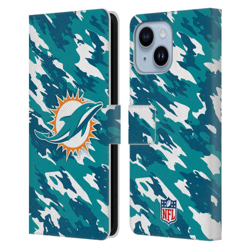 NFL Miami Dolphins Logo Camou Leather Book Wallet Case Cover For Apple iPhone 14 Plus
