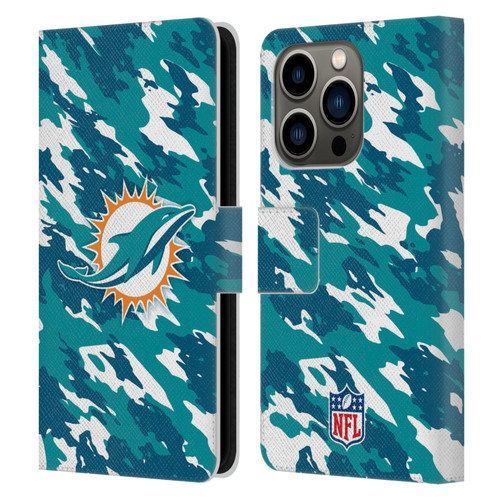 NFL Miami Dolphins Logo Camou Leather Book Wallet Case Cover For Apple iPhone 14 Pro