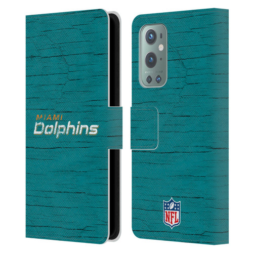 NFL Miami Dolphins Logo Distressed Look Leather Book Wallet Case Cover For OnePlus 9